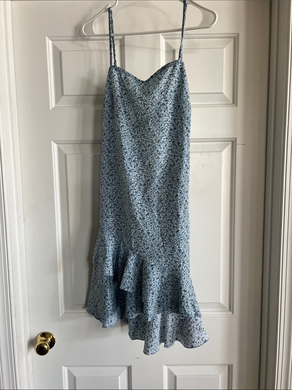 Light Blue Floral Slip Dress with Ruffle Hem